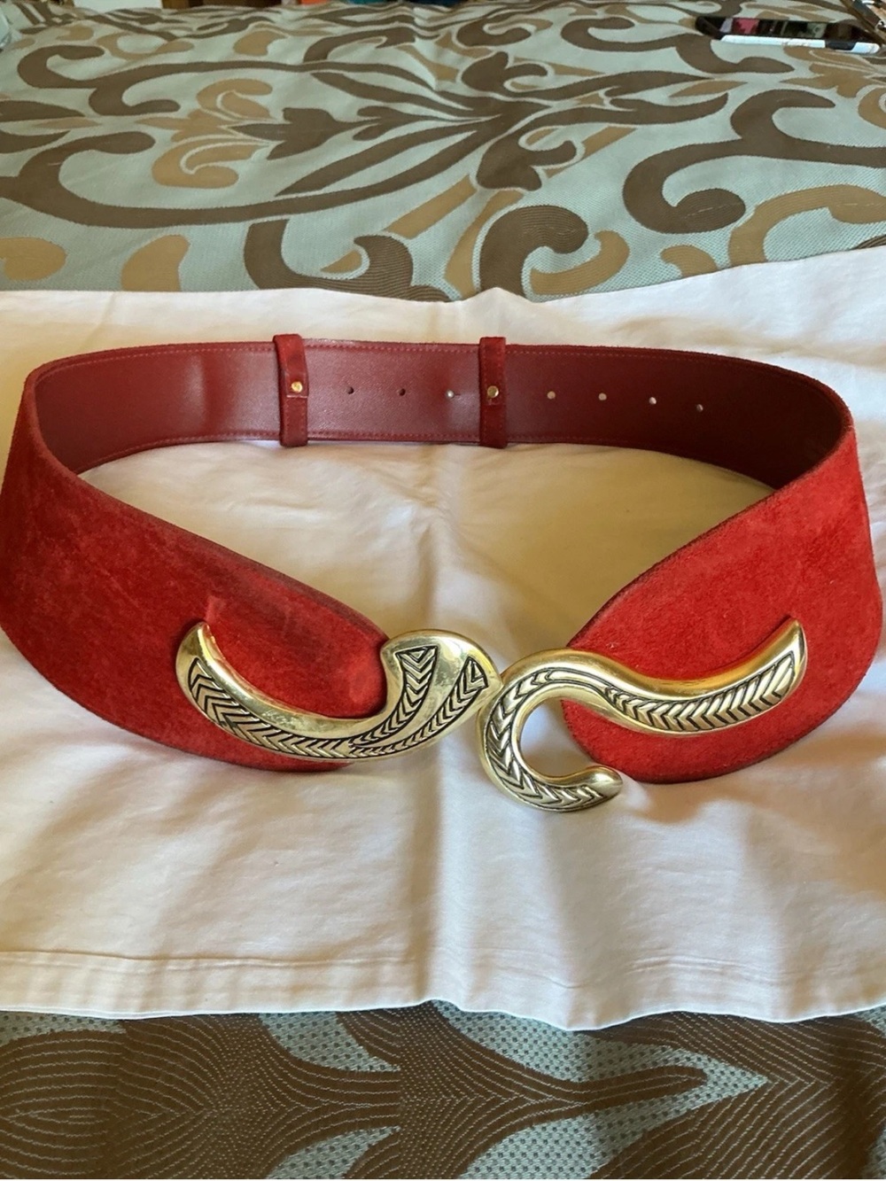 Red Suede vintage  Wide Belt with Decorative Brass Buckle
